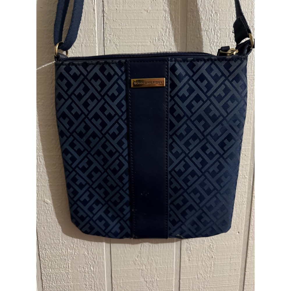 Tommy Hilfiger Navy Blue Monogram Jacquard Crossbody Bag Gold Tone Logo